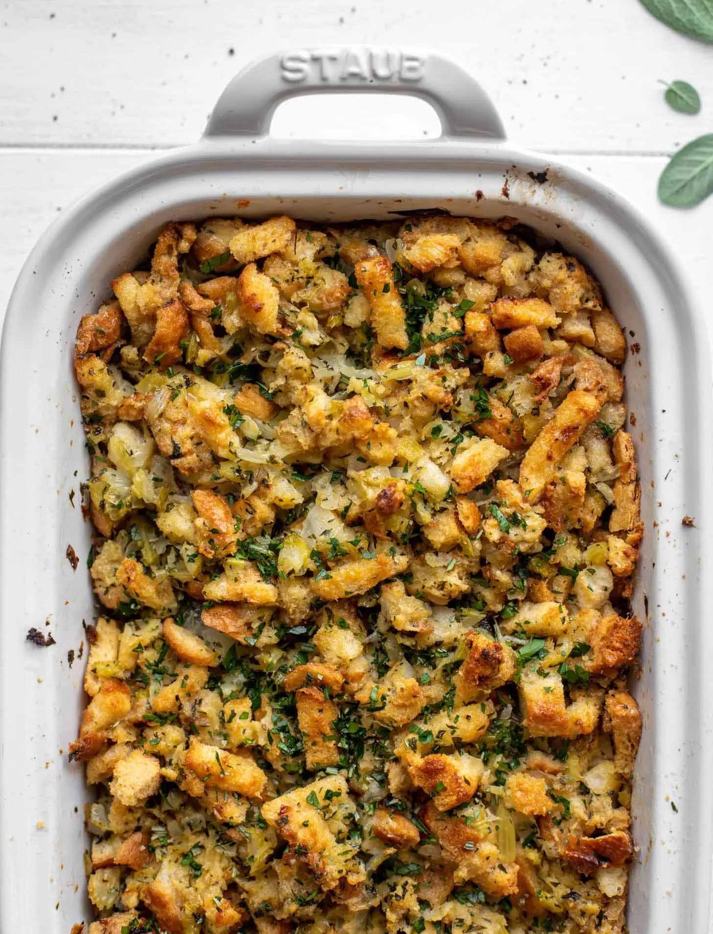 Butter-herb stuffing in a casserole dish