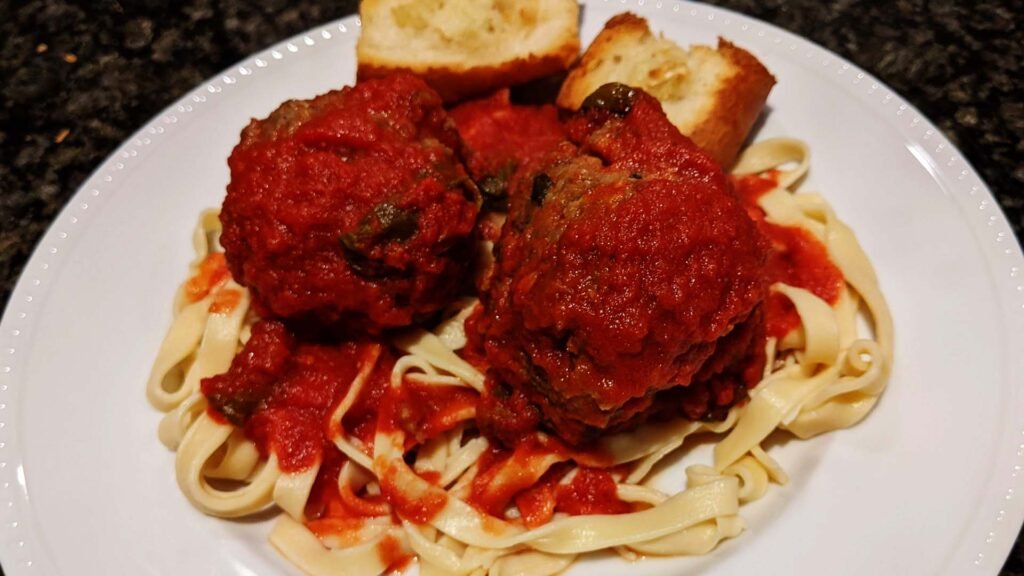 Homemade Italian style fettuccine and meatballs