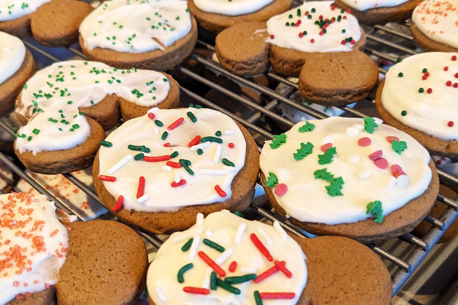 Frosted gingerbread cookies sitting on a cooling rack